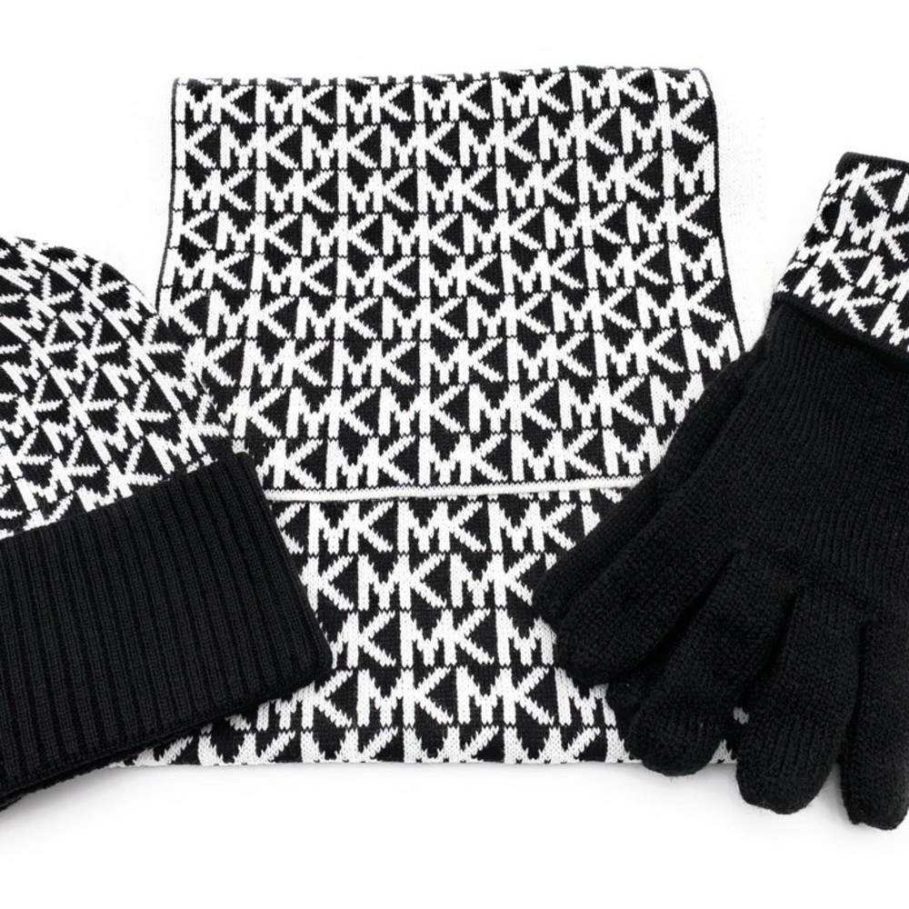 New MICHAEL KORS Women's Scarf, Hat, & Glove Set Black / Gray / White MK Logo